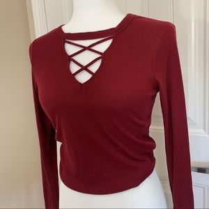 Hollister Ribbed Long Sleeve Choker Top Red Sz S